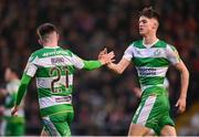 3 May 2024; Johnny Kenny celebrates with his Shamrock Rovers team-mate Darragh Burns, left, after scoring their side's first goal during the SSE Airtricity Men's Premier Division match between Bohemians and Shamrock Rovers at Dalymount Park in Dublin. Photo by Stephen McCarthy/Sportsfile