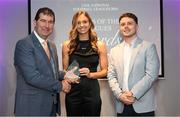 3 May 2024; The players selected on the Teams of the 2024 Lidl National Leagues were presented with their awards at Croke Park on Friday, May 3. The best players from the four divisions in the 2024 Lidl National Football Leagues were selected by the LGFA’s All Star committee. Aisling Reidy of Clare is pictured receiving her Division 3 award from Uachtarán Cumann Peil Gael na mBan, Mícheál Naughton and Jamie O’Rourke, Partnerships and Events Manager, Lidl Ireland and Northern Ireland. Photo by Ramsey Cardy/Sportsfile