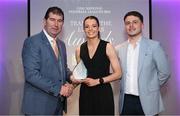 3 May 2024; The players selected on the Teams of the 2024 Lidl National Leagues were presented with their awards at Croke Park on Friday, May 3. The best players from the four divisions in the 2024 Lidl National Football Leagues were selected by the LGFA’s All Star committee. Eimear Smyth of Fermanagh is pictured receiving her Division 4 award from Uachtarán Cumann Peil Gael na mBan, Mícheál Naughton and Jamie O’Rourke, Partnerships and Events Manager, Lidl Ireland and Northern Ireland. Photo by Ramsey Cardy/Sportsfile