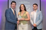 3 May 2024; The players selected on the Teams of the 2024 Lidl National Leagues were presented with their awards at Croke Park on Friday, May 3. The best players from the four divisions in the 2024 Lidl National Football Leagues were selected by the LGFA’s All Star committee. Ailbhe Clancy of Leitrim is pictured receiving her Division 4 award from Uachtarán Cumann Peil Gael na mBan, Mícheál Naughton and Jamie O’Rourke, Partnerships and Events Manager, Lidl Ireland and Northern Ireland. Photo by Ramsey Cardy/Sportsfile