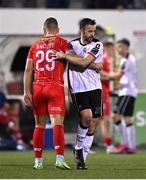 3 May 2024; Robbie Benson of Dundalk and Paddy Barrett of Shelbourne after the SSE Airtricity Men's Premier Division match between Dundalk and Shelbourne at Oriel Park in Dundalk, Louth. Photo by Ben McShane/Sportsfile