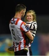 3 May 2024; Patrick Hoban of Derry City with his daughter Ilah, age 3, after the SSE Airtricity Men's Premier Division match between Galway United and Derry City at Eamonn Deacy Park in Galway. Photo by Tom Beary/Sportsfile