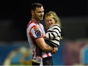3 May 2024; Patrick Hoban of Derry City with his daughter Ilah, age 3, after the SSE Airtricity Men's Premier Division match between Galway United and Derry City at Eamonn Deacy Park in Galway. Photo by Tom Beary/Sportsfile