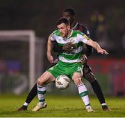 3 May 2024; Aaron Greene of Shamrock Rovers is tackled by Aboubacar Keita of Bohemians during the SSE Airtricity Men's Premier Division match between Bohemians and Shamrock Rovers at Dalymount Park in Dublin. Photo by Stephen McCarthy/Sportsfile