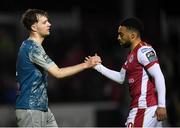 3 May 2024; Andrew Quinn of Drogheda United, left, and Jake Mulraney of St Patrick's Athletic shake hands after the SSE Airtricity Men's Premier Division match between St Patrick's Athletic and Drogheda United at Richmond Park in Dublin. Photo by Shauna Clinton/Sportsfile