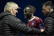 3 May 2024; Jeanno Esua of Galway United in conversation with Galway United assistant manager Ollie Horgan after the SSE Airtricity Men's Premier Division match between Galway United and Derry City at Eamonn Deacy Park in Galway. Photo by Tom Beary/Sportsfile