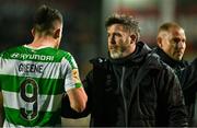 3 May 2024; Shamrock Rovers manager Stephen Bradley speaks to Aaron Greene of Shamrock Rovers after the SSE Airtricity Men's Premier Division match between Bohemians and Shamrock Rovers at Dalymount Park in Dublin. Photo by Brendan Moran/Sportsfile
