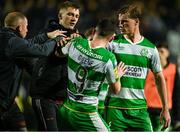 3 May 2024; Filip Piszczek of Bohemians and Aaron Greene of Shamrock Rovers tussle after the SSE Airtricity Men's Premier Division match between Bohemians and Shamrock Rovers at Dalymount Park in Dublin. Photo by Brendan Moran/Sportsfile
