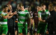 3 May 2024; Aaron Greene of Shamrock Rovers, left, is restrained by teammate Daniel Cleary as he attempts to speak to Bohemians manager Alan Reynolds, right, after the SSE Airtricity Men's Premier Division match between Bohemians and Shamrock Rovers at Dalymount Park in Dublin. Photo by Brendan Moran/Sportsfile