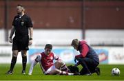 3 May 2024; Kian Leavy of St Patrick's Athletic receives medical attention during the SSE Airtricity Men's Premier Division match between St Patrick's Athletic and Drogheda United at Richmond Park in Dublin. Photo by Shauna Clinton/Sportsfile