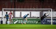 3 May 2024; Ryan Brennan of Drogheda United has a shot on goal blocked by St Patrick's Athletic goalkeeper Danny Rogers during the SSE Airtricity Men's Premier Division match between St Patrick's Athletic and Drogheda United at Richmond Park in Dublin. Photo by Shauna Clinton/Sportsfile