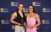 3 May 2024; The players selected on the Teams of the 2024 Lidl National Leagues were presented with their awards at Croke Park on Friday, May 3. The best players from the four divisions in the 2024 Lidl National Football Leagues were selected by the LGFA’s All Star committee. Pictured is Meath players Emma Duggan, left, and Niamh Gallogly with their awards. Photo by Ramsey Cardy/Sportsfile