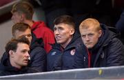 3 May 2024; Joe Redmond of St Patrick's Athletic, centre, with team-mates Jamie Lennon, left, Axel Sjoberg and Tom Grivosti, right, during the SSE Airtricity Men's Premier Division match between St Patrick's Athletic and Drogheda United at Richmond Park in Dublin. Photo by Shauna Clinton/Sportsfile
