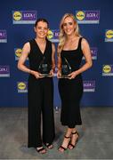 3 May 2024; The players selected on the Teams of the 2024 Lidl National Leagues were presented with their awards at Croke Park on Friday, May 3. The best players from the four divisions in the 2024 Lidl National Football Leagues were selected by the LGFA’s All Star committee. Fermanagh players Eimear Smyth, left, and Sarah McCarville. Photo by Ramsey Cardy/Sportsfile