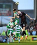 3 May 2024; Johnny Kenny of Shamrock Rovers in action against Jevon Mills of Bohemians during the SSE Airtricity Men's Premier Division match between Bohemians and Shamrock Rovers at Dalymount Park in Dublin. Photo by Stephen McCarthy/Sportsfile