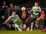 3 May 2024; James Clarke of Bohemians in action against Josh Honohan of Shamrock Rovers during the SSE Airtricity Men's Premier Division match between Bohemians and Shamrock Rovers at Dalymount Park in Dublin. Photo by Stephen McCarthy/Sportsfile