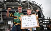 4 May 2024; Northampton Saints supporters Alan Fuller and his son Zac, aged 13 today, from Northampton, before the Investec Champions Cup semi-final match between Leinster and Northampton Saints at Croke Park in Dublin. Photo by Sam Barnes/Sportsfile