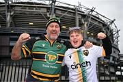 4 May 2024; Northampton Saints supporters Alan Fuller and his son Zac, aged 13 today, from Northampton, before the Investec Champions Cup semi-final match between Leinster and Northampton Saints at Croke Park in Dublin. Photo by Sam Barnes/Sportsfile