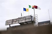 4 May 2024; A general view of the scoreboard and the flags of, from left, Roscommon, the Irish tri-colour and Galway before the Connacht GAA Football U20 Championship final match between Roscommon and Galway at Hastings Insurance MacHale Park in Castlebar, Mayo. Photo by Ben McShane/Sportsfile