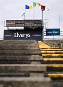 4 May 2024; A general view of the scoreboard and the flags of, from left, Roscommon, the Irish tri-colour and Galway before the Connacht GAA Football U20 Championship final match between Roscommon and Galway at Hastings Insurance MacHale Park in Castlebar, Mayo. Photo by Ben McShane/Sportsfile