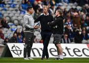 4 May 2024; Leinster head coach Leo Cullen, centre, in conversation with Northampton Saints director of rugby Phil Dowson, left, and Northampton Saints head coach Sam Vesty, right, before the Investec Champions Cup semi-final match between Leinster and Northampton Saints at Croke Park in Dublin. Photo by Harry Murphy/Sportsfile