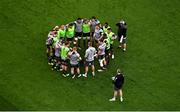 4 May 2024; Northampton Saints players huddle before the Investec Champions Cup semi-final match between Leinster and Northampton Saints at Croke Park in Dublin. Photo by Stephen McCarthy/Sportsfile