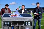 4 May 2024; GAAGO pundits, from left, John 'Bubbles' O'Dwyer Richie Hogan, left, and Eoin Cadogan before the Munster GAA Hurling Senior Championship Round 3 match between Waterford and Tipperary at Walsh Park in Waterford. Photo by Piaras Ó Mídheach/Sportsfile