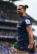 4 May 2024; James Lowe of Leinster celebrates after scoring his side's first try during the Investec Champions Cup semi-final match between Leinster and Northampton Saints at Croke Park in Dublin. Photo by Harry Murphy/Sportsfile