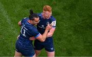 4 May 2024; James Lowe of Leinster, left, celebrates with teammate Ciarán Frawley after scoring their side's first try during the Investec Champions Cup semi-final match between Leinster and Northampton Saints at Croke Park in Dublin. Photo by Stephen McCarthy/Sportsfile