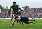 4 May 2024; James Lowe of Leinster scores his side's first try during the Investec Champions Cup semi-final match between Leinster and Northampton Saints at Croke Park in Dublin. Photo by Harry Murphy/Sportsfile