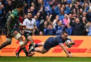 4 May 2024; James Lowe of Leinster scores his side's first try during the Investec Champions Cup semi-final match between Leinster and Northampton Saints at Croke Park in Dublin. Photo by Sam Barnes/Sportsfile