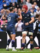 4 May 2024; Leinster players Josh van der Flier, right, and Jamison Gibson-Park celebrate their side's second try, scored by James Lowe, not pictured, during the Investec Champions Cup semi-final match between Leinster and Northampton Saints at Croke Park in Dublin. Photo by Sam Barnes/Sportsfile