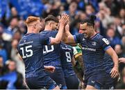 4 May 2024; James Lowe of Leinster, right, celebrates with teammate Ciarán Frawley, left, after scoring their side's first try during the Investec Champions Cup semi-final match between Leinster and Northampton Saints at Croke Park in Dublin. Photo by Sam Barnes/Sportsfile