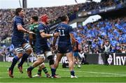 4 May 2024; James Lowe of Leinster, right, celebrates with teammates Josh van der Flier, centre, and Ross Molony after scoring their side's second try during the Investec Champions Cup semi-final match between Leinster and Northampton Saints at Croke Park in Dublin. Photo by Harry Murphy/Sportsfile