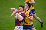 4 May 2024; Jack Folan of Galway in action against Rory Hester of Roscommon during the Connacht GAA Football U20 Championship final match between Roscommon and Galway at Hastings Insurance MacHale Park in Castlebar, Mayo. Photo by Ben McShane/Sportsfile