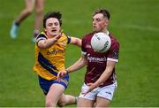 4 May 2024; Jack Lonergan of Galway in action against Rory Hester of Roscommon during the Connacht GAA Football U20 Championship final match between Roscommon and Galway at Hastings Insurance MacHale Park in Castlebar, Mayo. Photo by Ben McShane/Sportsfile