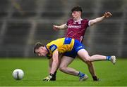 4 May 2024; Conor Harley of Roscommon in action against Colm Costello of Galway during the Connacht GAA Football U20 Championship final match between Roscommon and Galway at Hastings Insurance MacHale Park in Castlebar, Mayo. Photo by Ben McShane/Sportsfile