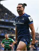 4 May 2024; James Lowe of Leinster celebrates after scoring his side's first try during the Investec Champions Cup semi-final match between Leinster and Northampton Saints at Croke Park in Dublin. Photo by Harry Murphy/Sportsfile
