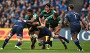 4 May 2024; Courtney Lawes of Northampton Saints is tackled by Leinster players Ryan Baird, left, and Ross Molony during the Investec Champions Cup semi-final match between Leinster and Northampton Saints at Croke Park in Dublin. Photo by Brendan Moran/Sportsfile