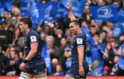 4 May 2024; James Lowe of Leinster celebrates after scoring his side's second try during the Investec Champions Cup semi-final match between Leinster and Northampton Saints at Croke Park in Dublin. Photo by Sam Barnes/Sportsfile