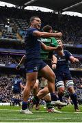 4 May 2024; James Lowe of Leinster celebrates after scoring his side's second try during the Investec Champions Cup semi-final match between Leinster and Northampton Saints at Croke Park in Dublin. Photo by Harry Murphy/Sportsfile
