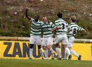 2 August 2004; Shamrock Rovers' Mark Rutherford, extreme left, celebrates with team-mates Trevor Molloy, Keith Doyle, 3, and Stephen Gough, 8, after scoring his sides second goal. eircom League Premier Division, Shamrock Rovers v Longford Town, Richmond Park, Dublin. Picture credit; Pat Murphy / SPORTSFILE