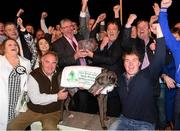 14 September 2013; The winning connections of Slippery Robert, including owner Larry Dunne and trainer Robert Gleeson, front right, after winning the Irish Greyhound Derby. Shelbourne Park, Dublin. Photo by Sportsfile