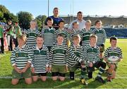 14 September 2013; Leinster's Jamie Heaslip and Cian Healy with Greystones RFC ahead of the Half-Time Mini Games. Celtic League 2013/14, Round 2, Leinster v Ospreys, RDS, Ballsbridge, Dublin. Picture credit: Stephen McCarthy / SPORTSFILE