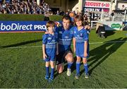 14 September 2013; Leinster's Shane Jennings with matchday mascots Eoin Cullen, age 9, from the NUIM Barnhall RFC club, right, and Max Kennedy, age 8, from Maynooth, Co. Kildare, ahead of the game. Celtic League 2013/14, Round 2, Leinster v Ospreys, RDS, Ballsbridge, Dublin. Picture credit: Stephen McCarthy / SPORTSFILE