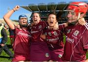 15 September 2013; Galway players, from left, Shauna Healy, Colette Gill, Aoife Donoghue and Rebecca Hennelly celebrate after the game. Liberty Insurance All-Ireland Intermediate Camogie Championship Final, Galway v Limerick, Croke park, Dublin. Photo by Sportsfile