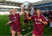 15 September 2013; Galway captain Lorraine Ryan, left, and team-mate Heather Cooney celebrate with the O'Duffy Cup after the game. Liberty Insurance All-Ireland Senior Camogie Championship Final, Galway v Kilkenny, Croke park, Dublin. Photo by Sportsfile