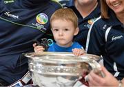 16 September 2013; Cia Roberts, age 2, from Chapelizod, Dublin, and the O'Duffy Cup on a visit by the All-Ireland Senior & Intermediate Camogie Champions, Galway, to Our Lady's Children's Hospital, Crumlin. Picture credit: Stephen McCarthy / SPORTSFILE