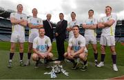 16 September 2013; The groups and teams for the FBD 7s, Ireland’s premier 7s football competition, were announced today in Croke Park. The FBD 7s is taking place in Kilmacud this Saturday, 21st September 2013 and 32 of Ireland’s top club teams will be taking part. At the launch of the 2013 FBD 7s hosted by Kilmacud Crokes are, Michael Garvey, FBD, third from left, and Kevin Foley, fourth from left, Chairman of Kilmacud Crokes, with current Kilmacud players, back row, from left to right, David Campbell, Liam Og O'Heneachain, Brian McGrath, Steven Williams an Mark Vaughan. Front row, Ronan Ryan, left, and Eoin Culligan. FBD All-Ireland Football Sevens Launch, Croke Park, Dublin. Picture credit: David Maher / SPORTSFILE