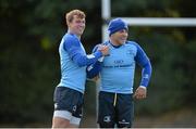 16 September 2013; Leinster's Brendan Macken, left, and Ian Madigan during a squad training session ahead of their Celtic League 2013/14, Round 3, match against Glasgow Warriors on Friday. Leinster Rugby Squad Training and Press Briefing, UCD, Belfield, Dublin. Picture credit: Brendan Moran / SPORTSFILE
